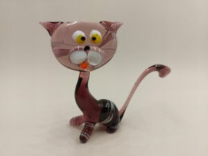Figurka szklana KOT Fioletowy w bisle paski Kotek Prezent rzeźba FD duża